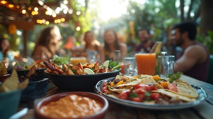 Obraz premium unrecognizable group of friends eating mexican food in a restaurant Delicious fajitas Lifestyle outdoors : Generative AI