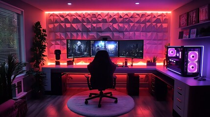 A dynamic RGB gaming room, with vibrant, customizable lighting that illuminates the space in every color imaginable, featuring a futuristic gaming desk, ergonomic chair, and multi-monitor setup,