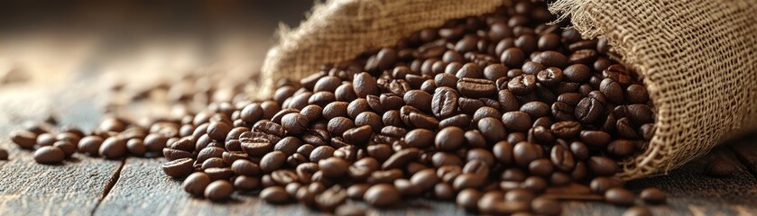 Rustic Burlap Sack Spilling Fresh Coffee Beans on Wooden Table - Aromatic and Inviting Coffee Scene