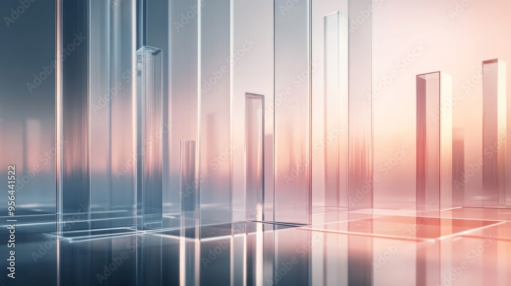 Poster high-tech bar graph made of transparent glass bars with light reflections, minimalist background
