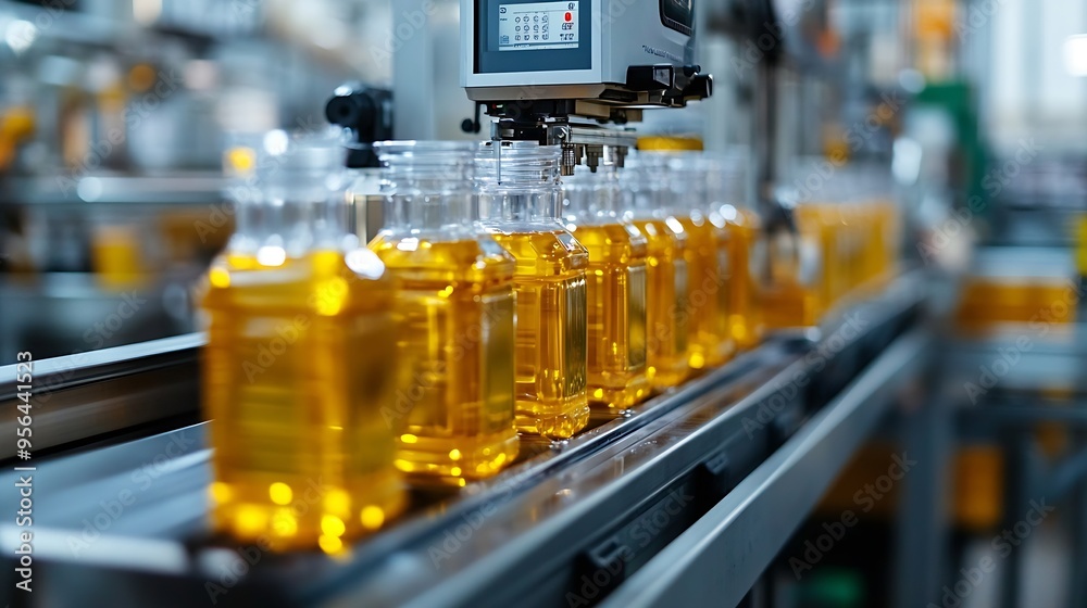 Poster new innovative technology of automatic label printing machine with digital control panel printing on continuous plastic film for wrapping on food product packaging in the printing fact : Generative AI