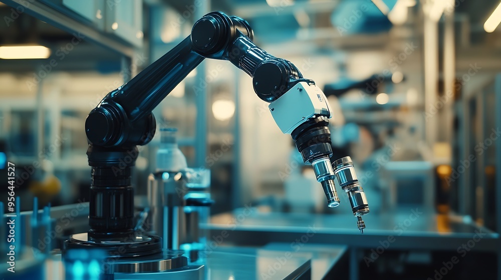 Fototapete XAI Advanced robot arm system for digital industry and factory robotic technology Automation manufacturing robot controlled by industry engineering using IOT software connected to inte : Generative AI