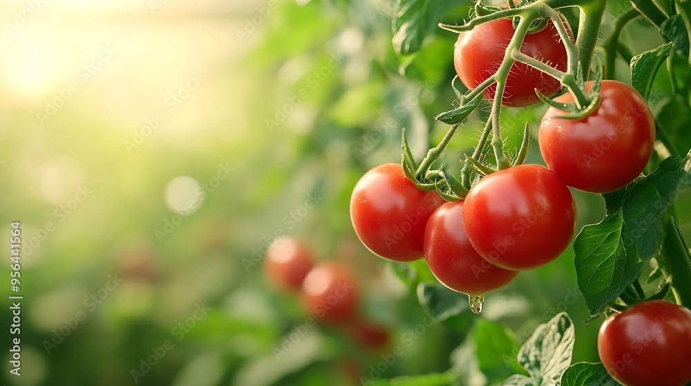 Poster ripe red tomatoes are on the green foliage background hanging on the vine of a tomato tree in the ga