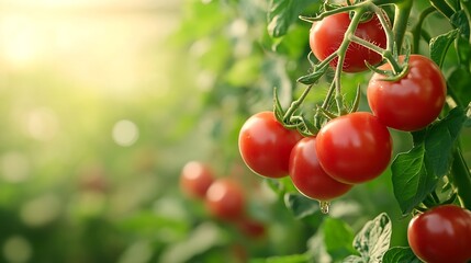 Ripe red tomatoes are on the green foliage background hanging on the vine of a tomato tree in the garden : Generative AI