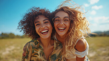 two womenTwo happy women with curly hair and glasses smiling in a field. Suitable for lifestyle, happiness, friendship, and diverse concepts. Generative AI