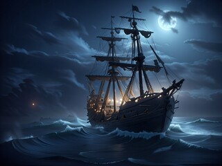 Fototapeta premium Pirate ship in moonlight sailing through stormy seas on dramatic night ocean background