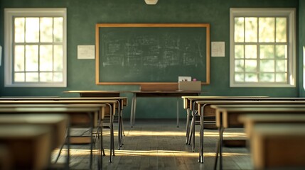 Empty classroom with desks chairs and chalkboard : Generative AI