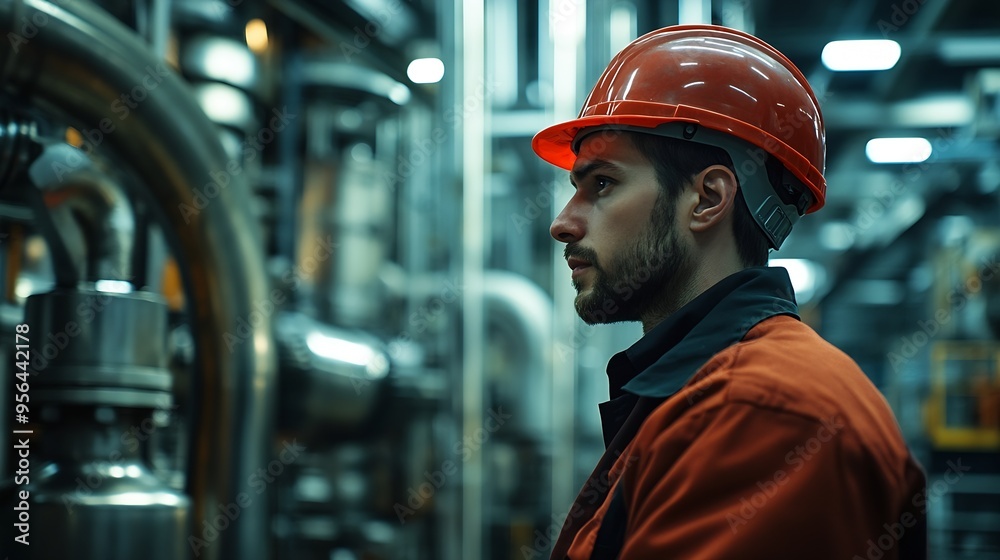 Poster industrial diligent worker safeguarded by a hard hat engrossed in his duties amidst the complex mach