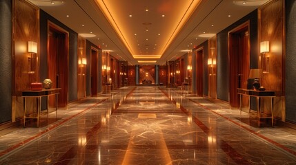 Elegant hotel corridor with polished marble floors and warm lighting showcasing classic decor details at dusk. Generative AI