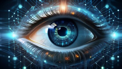 A cyber eye watching over a network grid, representing surveillance and data protection