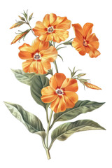 Vintage illustration of a Phlox , flowering plant with delicate white blossoms and lush green leaves, perfect for botanical art, PNG transparent background