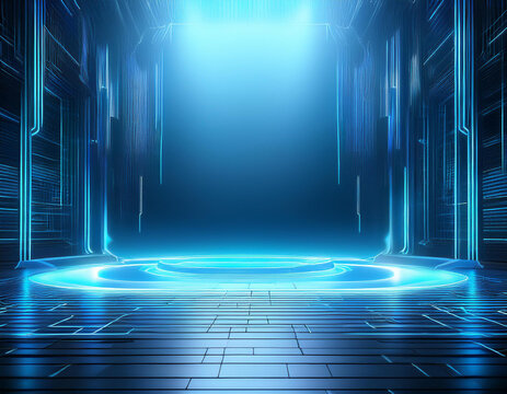 Technological Studio Background with Neon Panels in light blue Colors. Futuristic Podium for Product Presentation 