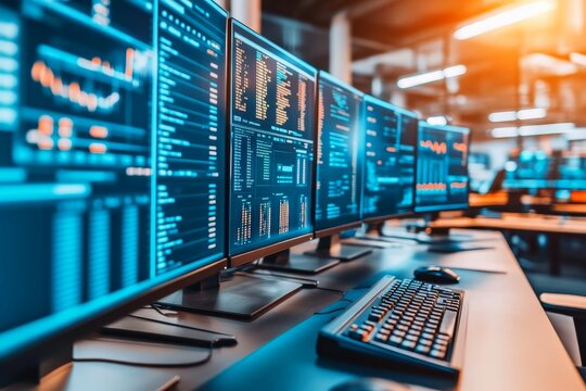 Rows of computer screens in a bustling trading floor with financial data flashing.