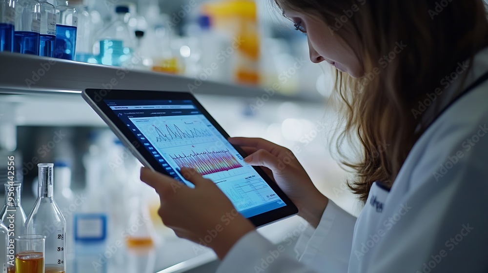 Poster female chemist tapping on digital tablet displaying scientific experiment data and charts on a virtu