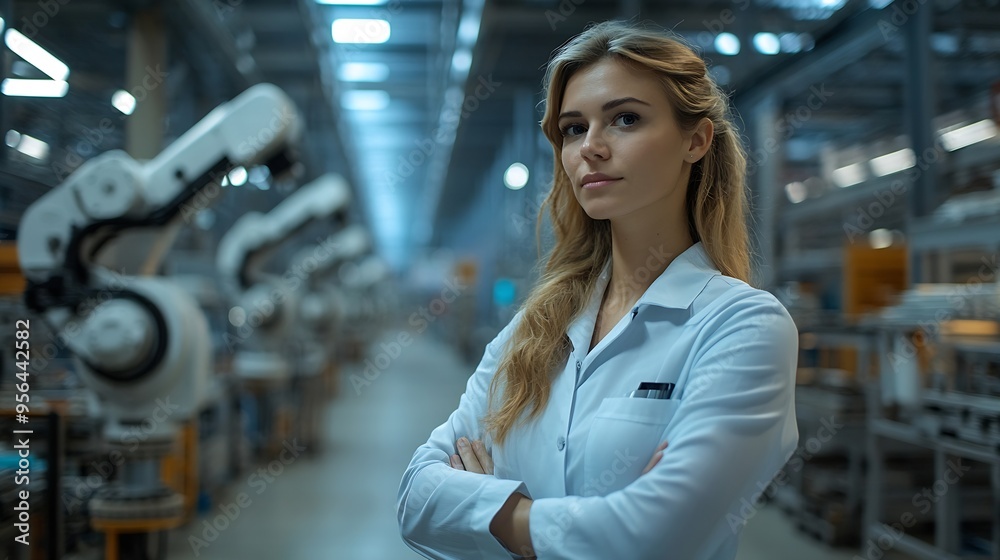 Fototapete Female project manager standing in modern industrial factory Manufacturing facility with robotics robotic arms and automation Storing products and materials in warehouse : Generative AI