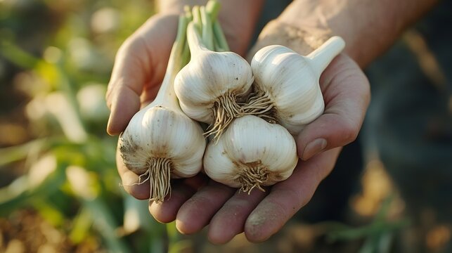 Freshly harvested Garlic Bunch of fresh raw organic garlic harvest in farmer hands in garden close up : Generative AI