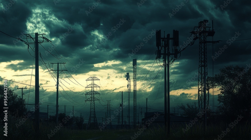 Aufkleber Industrial scene with multiple power poles and transformers, dark clouds in the background