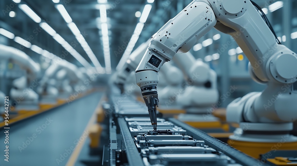 Aufkleber industrial robot arms assemble lithiumion ev battery pack row of white robotic arms at automated pro