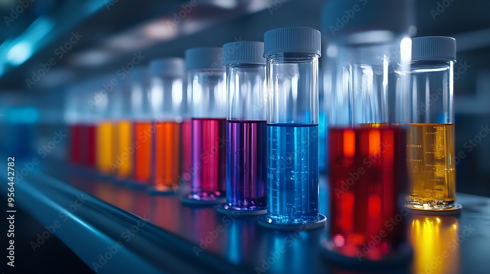 Poster test tubes with chemical solution in the development research laboratory banner with copy space : ge