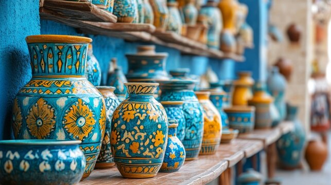 Safi, Morocco - 20 May 2024 : Beautiful pottery items in Safi city in Morocco