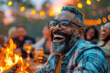 Obraz premium People enjoying an outdoor evening social gathering with drinks around a cozy fire pit, with warm lighting and a relaxing atmosphere enhancing the experience.