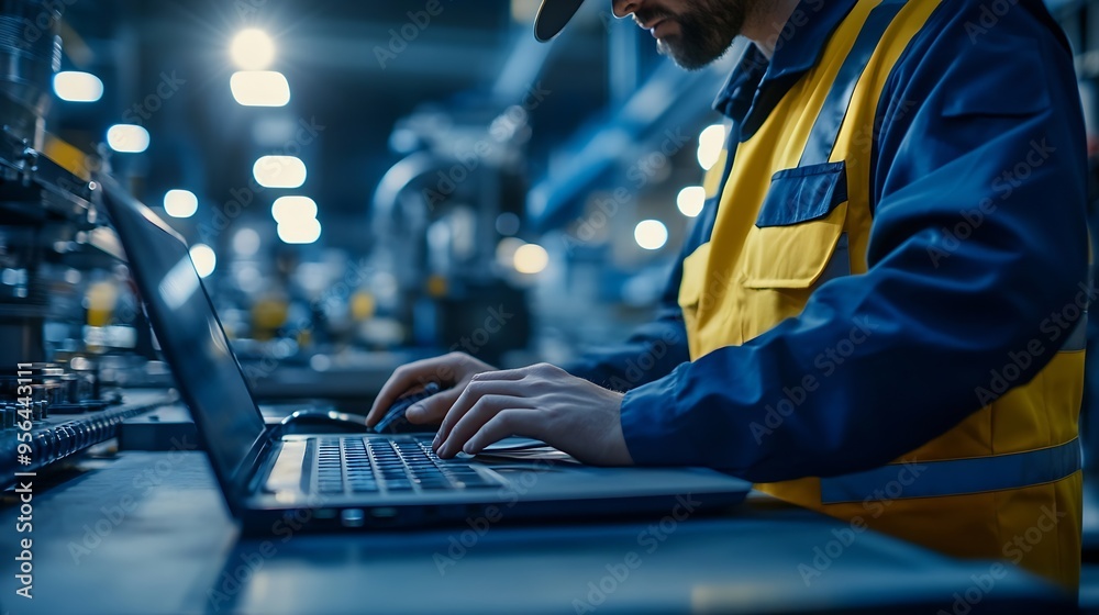 Leinwandbilder Engineer foreman thinking and working with computer laptop connecting to controlling machine at the manufacturing factory Technician maintenance system or developing machinery : Generative AI