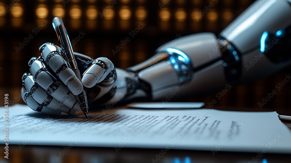 Aufkleber Future innovative concept of efficient and fair justice system with closeup robotic hand signing legal document as artificial intelligence in transparent judicial proceedings by AI jud : Generative AI