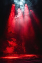 Dramatic Red Stage Lighting with Smoke Effects in a Dark Theater Setting