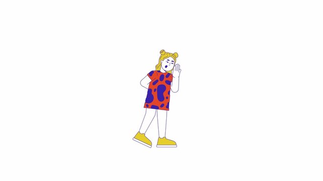 Surprised little girl closing mouth with pam 2D character animation. Emotions expression cartoon 4K video, alpha channel. Adorable amazed toddler child animated person on white background