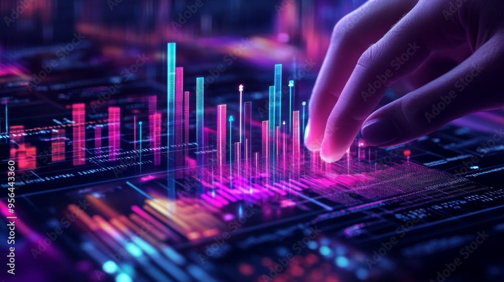 Aufkleber Interactive bar chart with each bar highlighting as a hand hovers over it, futuristic data concept
