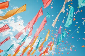 Bunch of colorful flags are hanging in sky, creating festive and lively atmosphere. 