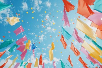 Bunch of colorful flags are hanging in sky, creating festive and lively atmosphere. 