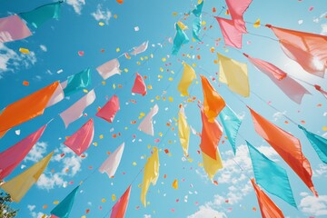 Bunch of colorful flags are hanging in sky, creating festive and lively atmosphere. 
