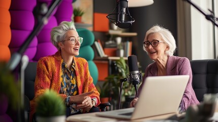 In a vibrant studio, a trendy influencer and a wise senior share smiles and wisdom on their podcast.