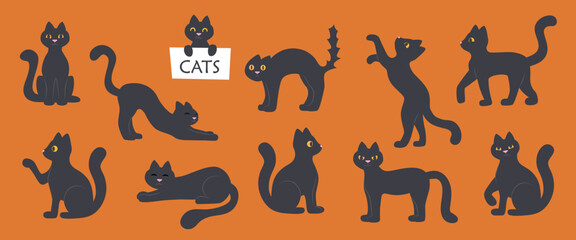 Set of black cats in different poses. Halloween concept. Halloween cats.	