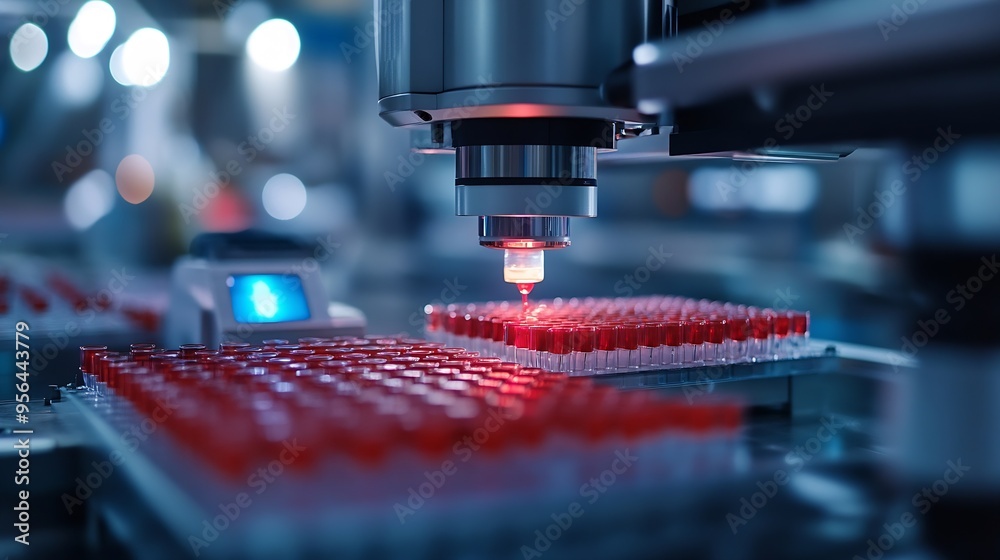 Leinwandbilder medical scientist loading samples in robot machine for biochemical automatic testing blood laborator