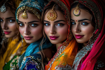 Obraz premium A close-up image featuring four women dressed in colorful traditional attire with elaborate jewelry and vibrant shawls, showcasing their cultural heritage.