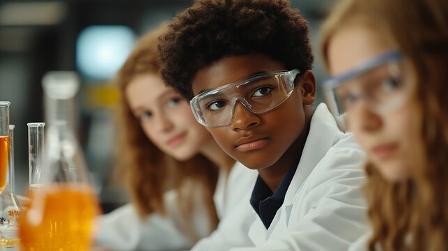 Diverse group of young teens wearing lab coats enjoying science experiments in school together : Generative AI