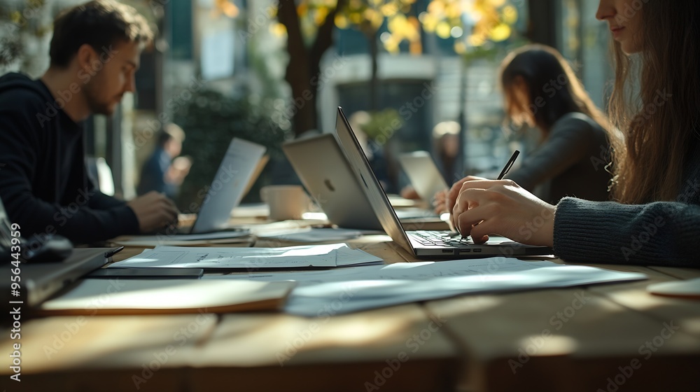 Fototapete a group of people are working together at a table with papers and laptops scene is collaborative and