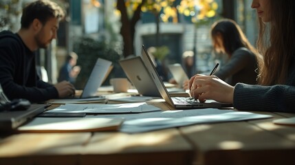 A group of people are working together at a table with papers and laptops Scene is collaborative and focused : Generative AI