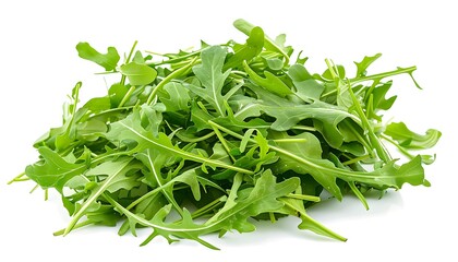 A pile of green fresh rucola or arugula leaf isolated on white background