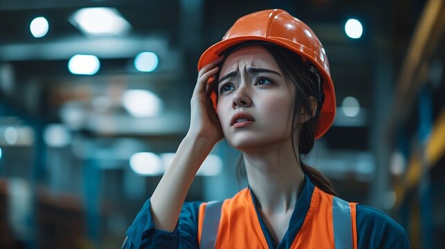 tired female worker feeling sick after stressed work in manufacturing factory exhausted woman technician has problem working overload male foreman support consoling and encorage at met : Generative AI