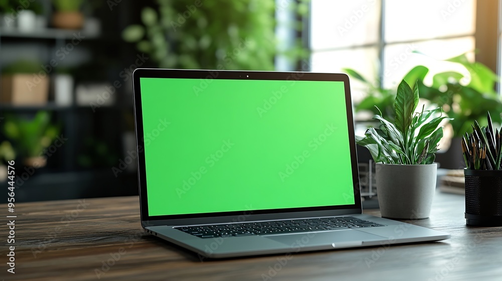 Poster Laptop Computer Standing on a Wooden Desk with a Green Screen Chromakey Mock Up Display Creative Office Working Station for Game Developer and Graphic Designer in Creative Agency : Generative AI