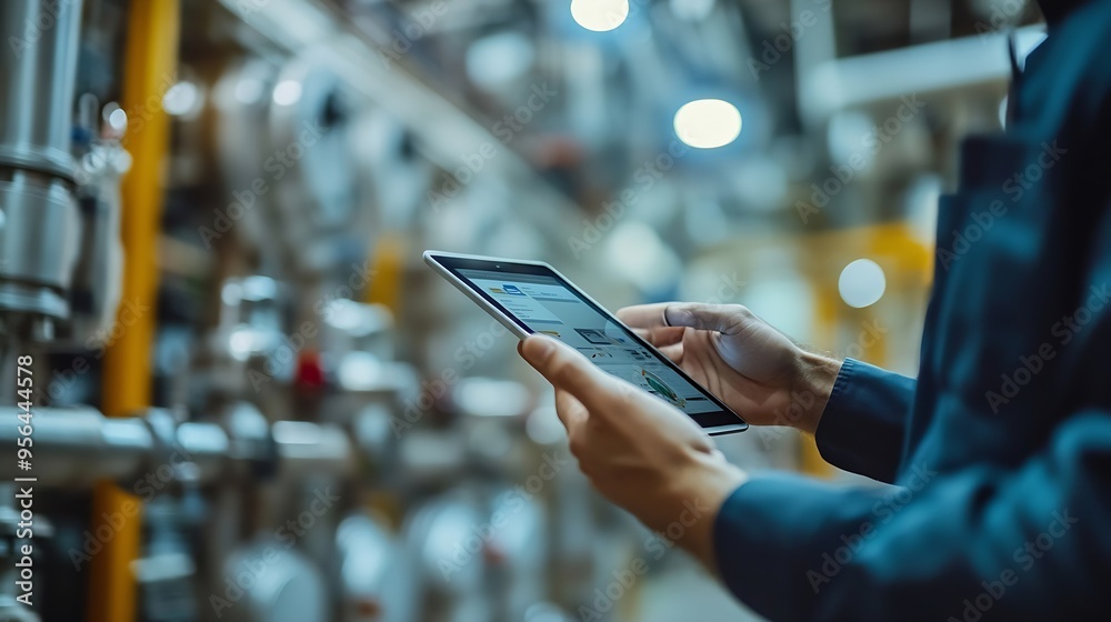 Poster Smart industry control conceptHands holding tablet on blurred automation machine as background : Generative AI