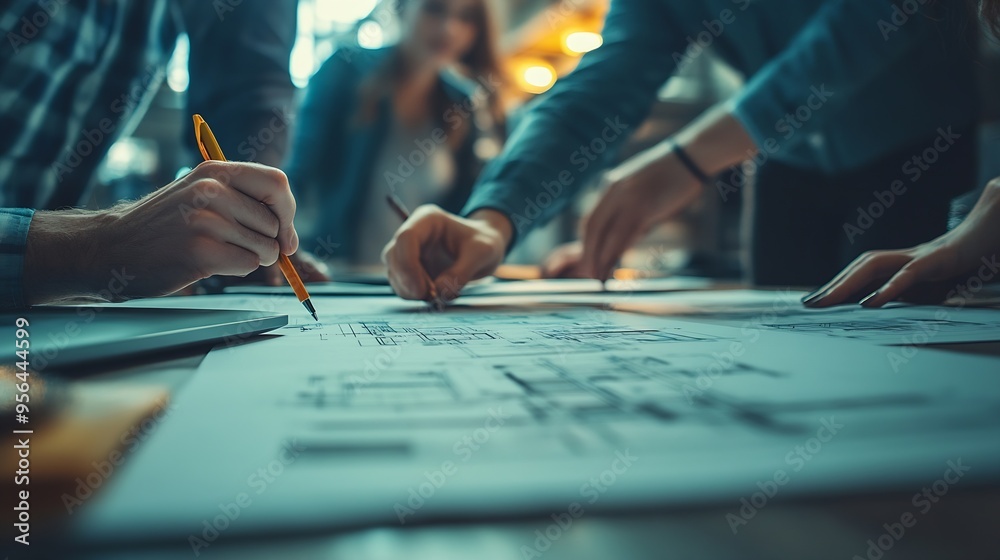 Fototapete hands business people and blueprint for architect design idea and floor plan in meeting office docum