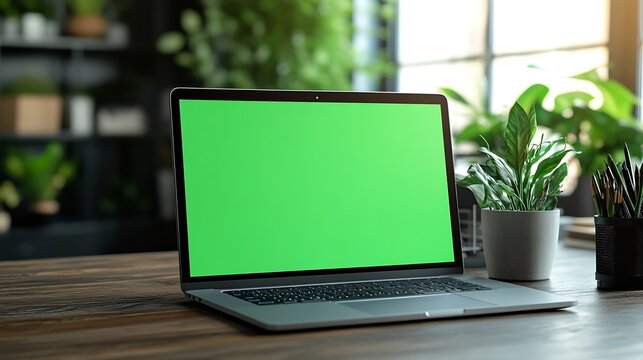 Laptop Computer Standing on a Wooden Desk with a Green Screen Chromakey Mock Up Display Creative Office Working Station for Game Developer and Graphic Designer in Creative Agency : Generative AI