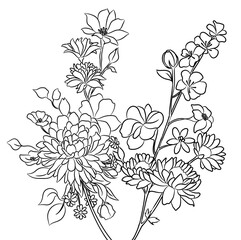 Flower arrangements, drawn by hand in black and white, suitable for tattoos or coloring books