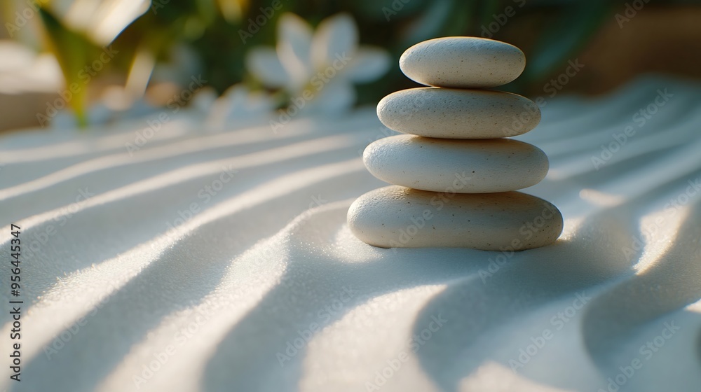 Poster zen garden with the stones and white sand pattern minimal scene stack of balanced pebbles zen pebble