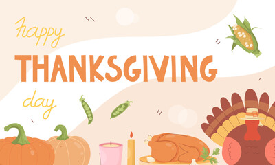 Thanksgiving day. Festive rectangular poster with turkey, pumpkin, corn, candles