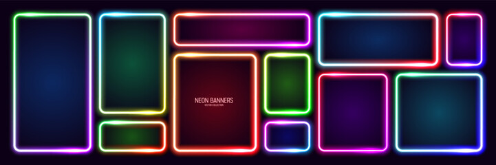 Colorful glowing neon banners, illuminated square frames. Shiny vibrant border, glow effect. Purple vintage retro lights, night illumination. Modern futuristic UI design elements. Vector illustration